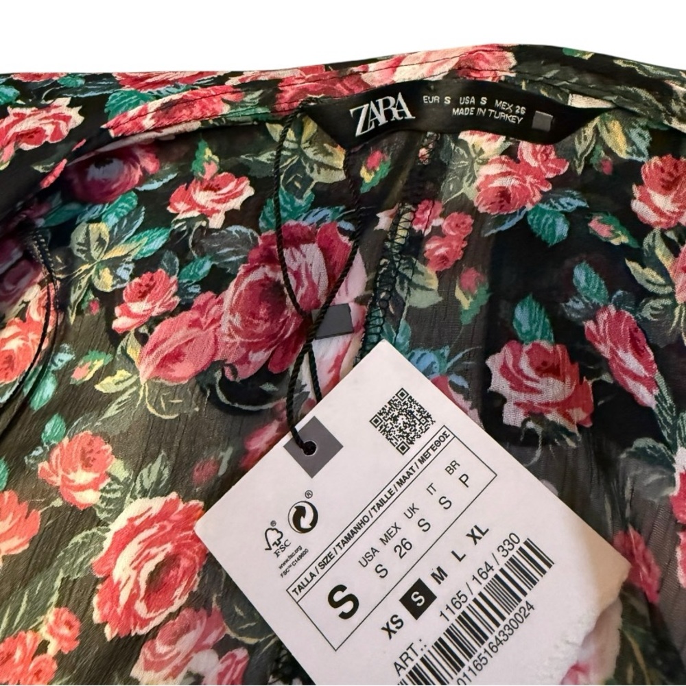 Zara Floral Sheer Corset Tie Ruched Blouse Long Sleeve Size S NWT Cottagecore - Picture 8 of 8